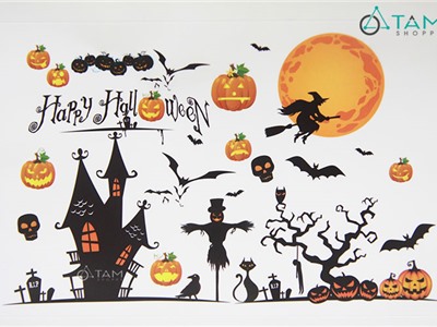 Bộ Decal dán tường trang trí Halloween chủ đề Phù thủy đêm trăng HLW-DECAL-02